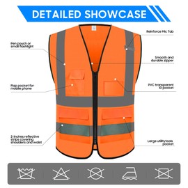 Rhino Hit Reflective Safety Vest for Men Women with 5 Pockets and Zipper Front High Visibility Construction Vest Meets ANSI/ISEA Standards