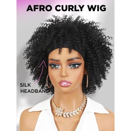 WIGER Short Afro Bouncy Curly Headband Wig Kinky Curly Wigs with Headbands Black Attached Afro Curly Headband Wigs Synthetic Afro Wigs(1B#)