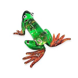 ChangThai Design Tiny 2¾" Wide Glittering Green Brown Frog Figurine - Miniature Hand Blown Glass Colorful Poison Dart Arrow Frogs Amphibian Tropical Animals Crystal Decorative Collectible Décor Gifts