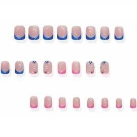 MERVF Square Press on Nails Short Fake Nail Blue Pink French Tip Glue ons Flower Acrylic Nails Summer Squoval Manicure DIY Supplies 24pcs Glossy