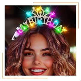 Zoestar Light Up Happy Birthday Headband Rhinestone My Birthday Theme Party Hair Accessories Women (Silver, One Size)