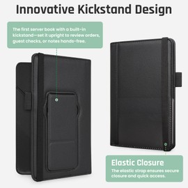 RSAquar Premium Server Book with Kickstand & Hand Strap – Waiter Book Organizer with 6 Pockets, Pen Holder, Elastic Closure – PU Leather Waitress Wallet Fits Apron Pocket, 5.12" x 7.91", Black