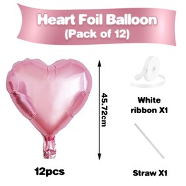 Moguri Pack of 12 18 Inch Pink Heart Balloons, Includes 1 White Bow & 1 Straw, Foil Balloons for Wedding, Birthday, Valentine's Day, Baby Shower and Party Decoration