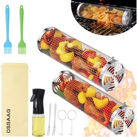 2 pcs Rolling Grilling Baskets for outdoor grilling, BBQ Stainless Steel Grill accessories set for Outdoor Grill, Grill Baskets Suitable for Vegetable,Fries,Fish, Shrimp, Grill BBQ Net Tube with Barbecue accessories