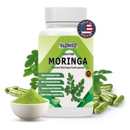 ELEMITO Moringa Capsules, Pure Leaf Powder, Green Superfood, Energy, Metabolism, & Immune Support, Non-GMO, Vegan, Gluten-Free - 120 Capsules
