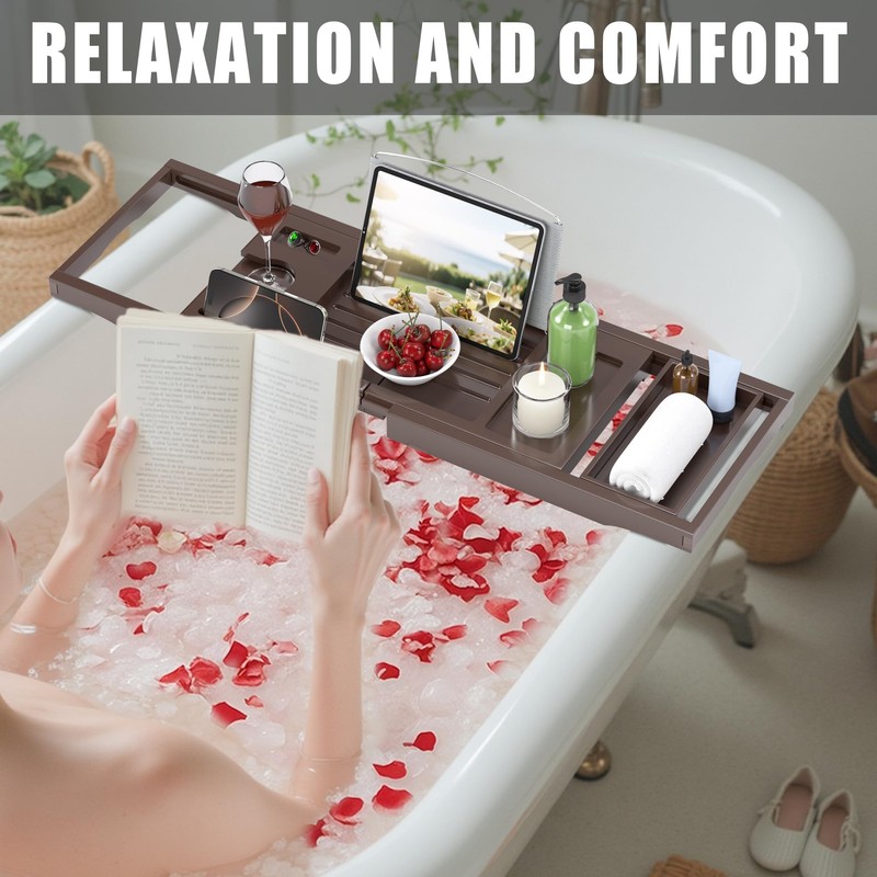 Foldable Bathtub Caddy Tray for Tub,Bamboo Expandable Bath Table Trays,Premium