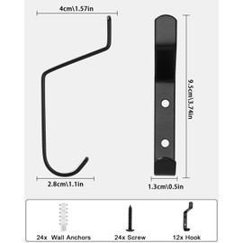 Kureny Pack of 12 Coat Hooks, Coat Hooks for Screwing, Coat Hooks Black, Towel Hooks for Drilling, Screws Invisible for Bathroom, Bedroom, Door, Cupboard