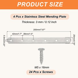 PATIKIL Flat Mending Plate 7.9"x0.8", 4 Pcs Stainless Steel Straight Flat Bracket for Shelves Corner Braces Brackets Metal Fixing Joining Plates for Wood Furniture Cabinet Frame Repair