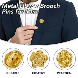 YKEBVPW Gold Brooch Pin Flower Lapel Pins for Men Rose Broaches and Suit Accessories Metal Brooches for Mens Suits Wedding Birthday Anniversary Classic Lapel Pin for Formal Wear