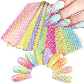 Fish Scales Nail Art Foils Colorful Nail Foil Transfer Stickers Decals Holographic Laser Line Mermaid Nail Art Design for Women Girls Manicure Tips Decorations Bright Colors Nail Art Film (10 Sheets
