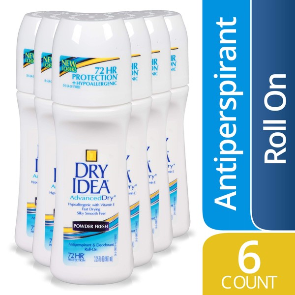 Dry Idea Antiperspirant Deodorant Roll On, Powder Fresh, 3.25 oz, 6 Count