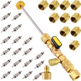 Mudder HVAC Valve Core Remover Installer Tool with Dual Size 1/4 & 5/16 Port, 20 Pcs Valve Cores and 10 Pcs Brass Nut, Compatible with R22 R134A R410 R32 R12 A/C
