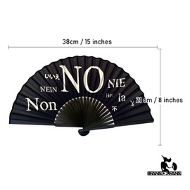 FANSOF.FANS Black Silk Fabric Folding Hand Held Fan with a Pouch Bamboo Ribs Chinese Vintage Handheld Girls Women Wedding Party Favour Gift (Say No)