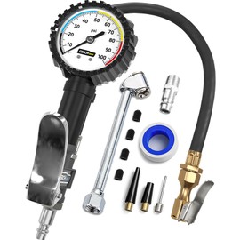 Tire Inflator with Pressure Gauge and Longer Hose - Most Accurate, Heavy Duty Air Chuck with Gauge for Air Compressor Tire Inflator Attachment - 100PSI