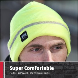 TuffStuff - Reflective Beanie - Yellow - Versatile - Cosy & Comfortable - 100% Acrylic - Thinsulate Lined - Reflective Banding - Mens Beanie Hat - Winter Hat - Work Hats for Men