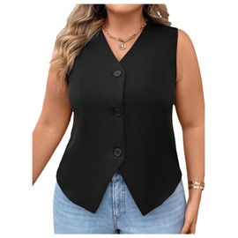 Verdusa Women's Plus Size Button Front Sleeveless Jacket Vest Old Money V Neck Split Blazer Vests Black XX-Large Plus