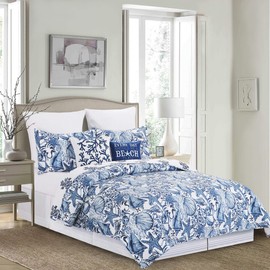 C&F Home Blue Coast Shells Full/Queen Bed 3 Piece Cotton Quilt Set Indigo Blue & White Summer Beach Ocean Coastal Reversible Machine Washable Lightweight Bedspread Bedding Coverlet Full/Queen 3 Piece