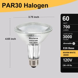 Nioclerce Halogen PAR30 Long Neck 60W 120V 700LM, 2 Pack High Output Halogen PAR30 Dimmable 2800K Warm White with E26 Base, Long Lifespan Long Neck Flood Light Bulb with CRI100 for Recessed Lighting