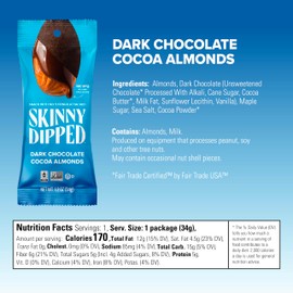 SkinnyDipped Dark Chocolate Cocoa Almonds, Healthy Snack, Plant Protein, Gluten Free, 1.2 Ounce Bags (Pack of 15)