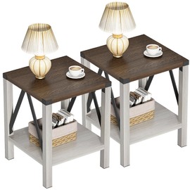 Treocho Farmhouse End Table Set of 2, Rustic Vintage Nightstand Side Table with Shelf for Living Room, Antique White & Brown