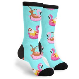 Christmas Blue Green Santa Pink Flamingo Deer Fun Colorful Novelty Graphic Crew Tube Socks For Men Women
