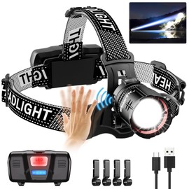 Spriak High Lumens LED Headlamp& 100H Using Time, USB Rechargeable Head lamp, 90° Adjustable Widebeam Motion Sensor Head Light with 5 Modes,Zoomable for Camping Running Hiking, Hard Hat Headlamps 1pc