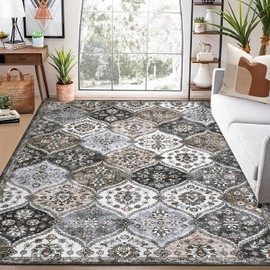 GAOMON 9x12 Area Rug Modern Trellis Machine Washable Area Rug for Living Room Bedroom Vintage Medallion Floral Non-Slip Stain Resistant Accent Rug Carpet for Home Decor, Grey/Brown
