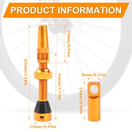 FSWWSF Pack of 2 Bicycle Tubeless 44 mm Presta Tubeless Valves Aluminium Alloy Shafts with Core Remover Tool and Valve Stem Caps Suitable for Most Tubeless Bicycle Rims