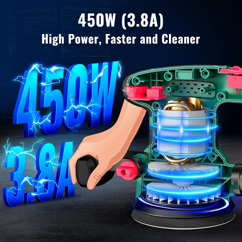 Orbital Sander 3.8Amp 450W, HYCHIKA 6 Variable Speeds Double Handle