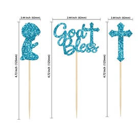 Gyufise 24Pcs Blue Glitter Boy God Bless and Baptism Cupcake Toppers Cross Babyshower Cupcake Picks Christian Party Decoration Supplies