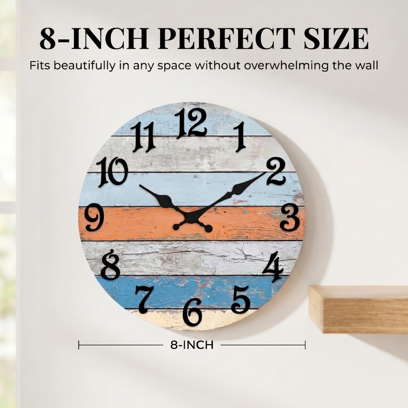 ArtSocket Round Wall Clock Silent Non-Ticking 8", Rustic Coastal