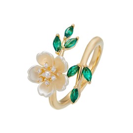 IMINI Green Leaf Flower Wrap Finger Ring for Women Girls 14K Gold Plated CZ Crystal Cherry Blossoms Flower Open Statement Rings Wedding Band Engagement Rings Adjustable Jewelry Gifts Birthday