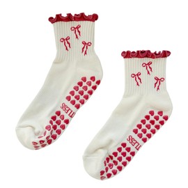 Shapes Studio Crew Half Calf Grip Socks, Cutest Fruits Pilates Socks, Non-Slip, Barre Yoga Fitness, Cherry Printed, Pink Bow, 5-10