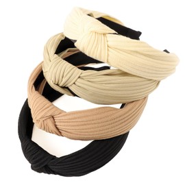 DRESHOW 4 Pack Knotted Headbands for Women Wide Turban Headband Yoga Exercise Ribbing Head Wraps Hair Bands Accessories