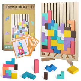 PASLFC Tetris Wooden Game 3D, Wooden Tetris Montessori Colourful, Wooden Stacking Game Tetris with 42 Stones and 10 Challenge Cards, Montessori Toy from 3 Years, Gift for Children