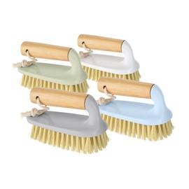 Scrubbing Brush with Bamboo Handle Heavy Duty Stiff Bristles for Cleaning Floors Carpets Bathroom and Kitchen Dishes - Assorted Colours - Pack of 2