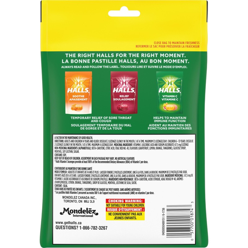 HALLS Vitamin C Assorted Citrus Flavour Supplement Drop Lozenges, Throat