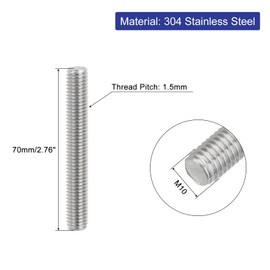 QUARKZMAN Pack of 4 Fully Threaded Spindle, M10 x 70 mm, 304 Stainless Steel, Right-Hand Thread, Threaded Rods, M10-1.5 Thread Pitch for Furniture and Machine Assembly