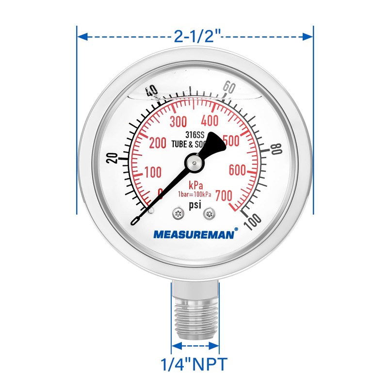 MEASUREMAN Fully Stainless Steel Hydraulic Glycerin Filled Pressure Gauge, 2-1/2"