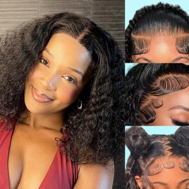 UWLK Bob Wig Human Hair 200 Density Deep Wave Lace Front Wigs Human Hair Pre Plucked 13x6 Lace Frontal Curly Human Hair Wig for Black Women Short Bob Wigs 14 Inch