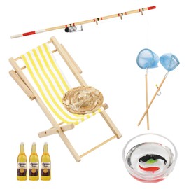 Fishing Gnome Accessories, 9 Pieces Mini Pond Decoration, Fishing Net Beach Chair Set, Miniature Beach Deck Chair Decoration, Dollhouse Summer Decoration Fish Fishing