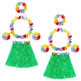 2 Sets Hawaiian Fancy Dress, Include Grass Skirts & Head Garland & Hand Garlands & Necklack, Hawaiian Party Decorations for Adults and Kids, Tropical Moana Hula Costume for Women, Party Supplies Green