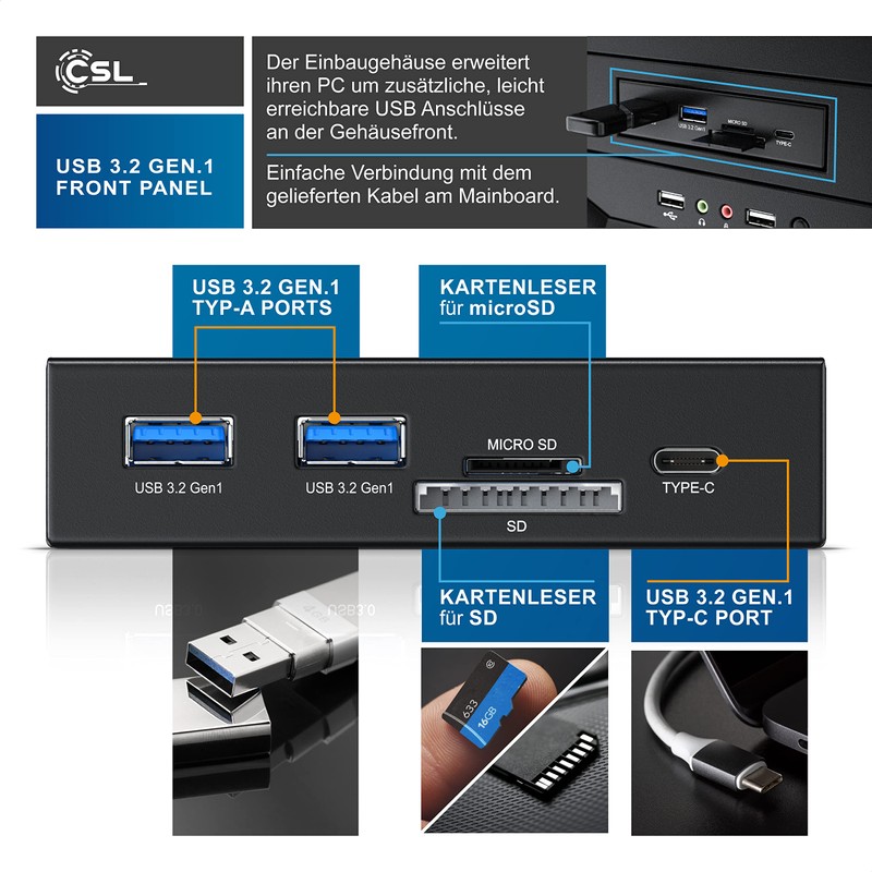 CSL USB 3.2 Gen.1 Front Panel Metal Internal Card Reader
