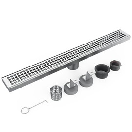 24 Inch Linear Shower Drain, Brushed Nickel Shower Floor Drain, High Flow Shower Drain Kit with Removable Grid Cover, Hair Filter and Adjustable Leveling Feet, Food-Grade SUS 304 Stainless Steel