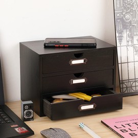 PACKGILO Wooden Storage Box Rustic Desktop Organizer with 3 Drawers Office Desk Accessories Shelf Small Craft Storage Containers Apothecary Cabinet and Chest Jewelry Holder for women(BLACK)