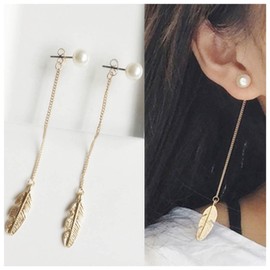 Cimenexe Bohemian Feather Dangle Earrings Pearl Studs Earrings Long Chain Drop Earrings Gold Tassel Chain Earrings Feather Drop Earrings Leaf Dangle Chain Earrings Jewelry for Women and Girls