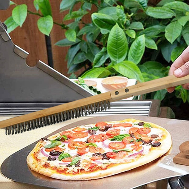 Long Pizza Oven Brush with Scraper Mounted Metal Bristles Pizza