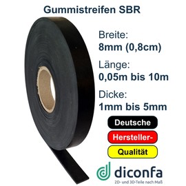 diconfa Rubber Strip Width 8 mm 0.8 cm – Choice – Thickness: 1 to 5 mm – Length: 0.05 m to 10 m – Selection: 4000 mm (400 cm) Long, 1 mm Thick – Rubber Mat Sold by the Metre Narrow Rubber Base Rubber