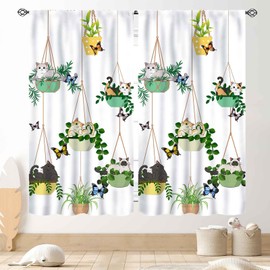 TKUYO Cat Curtains, Rustic Farmhouse Hanging Potted Plants Blacketplants Kitty Cute Lovely Cats Botanical Printed Sage Green Drapery for Bedroom Living Room Kitchen 2 Panels Set, 84"x63" Inch