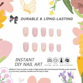 Press on Nails Short Round MABKJLF Fake Nails Pink Full Cover Foil Flower False Nails with Designs Glitter Glossy Glue on Nails Acrylic Nails Artificial Nails for Women Girls 24 Pcs